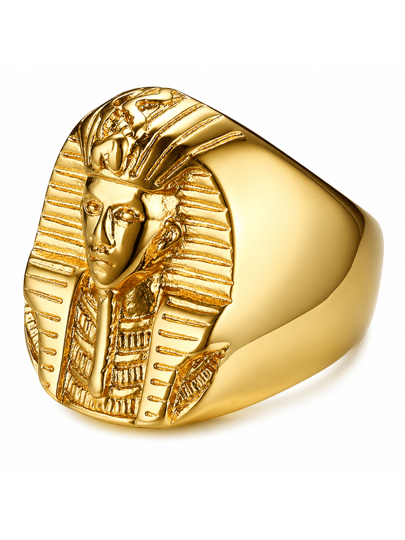Men’s Titanium Steel Ring, Gold Tone 27mm Large Face Pharaoh Design, Egyptian Inspired Statement Signet Style Ring, Sizes 8-13