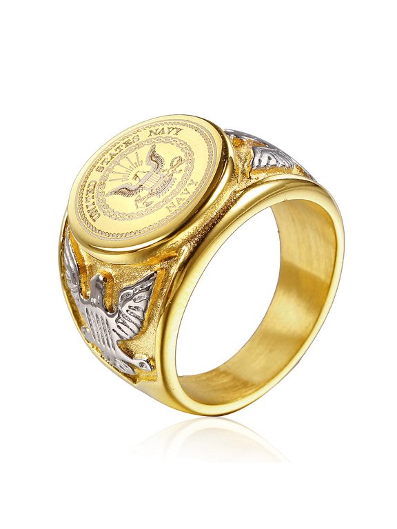 Mens Titanium Steel Ring Army Badge Soldier Ring Eagle Logo Ring Personality Finger Ring Golden Army Navy Air Force