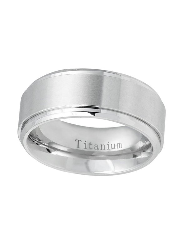 Men's Titanium Wedding Band Ring 9mm White Brushed Center Shiny Step Edge Ring