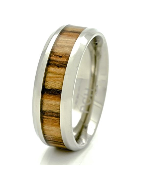 Men's Titanium Wedding Ring Real Wood Inlay African Zebra 8MM Comfort Fit (10)