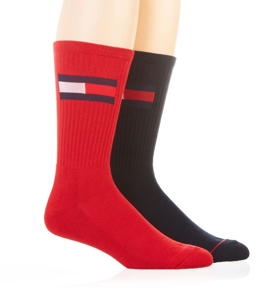 Men s Tommy Hilfiger 201CR86 Large Flag Logo Crew Sock 2 Pack Red Assort O S Walmart