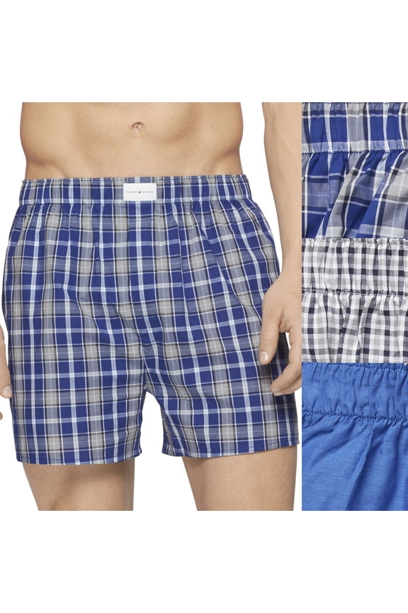 Men's Tommy Hilfiger 3-pack Cotton Classics Woven Boxers Color: Gray Blue White Plaid Size: L