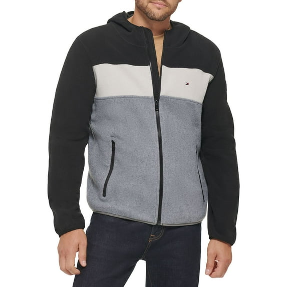 Men's Tommy Hilfiger Fleece Colorblock Hooded Jacket Color: Black White Silver Size: S