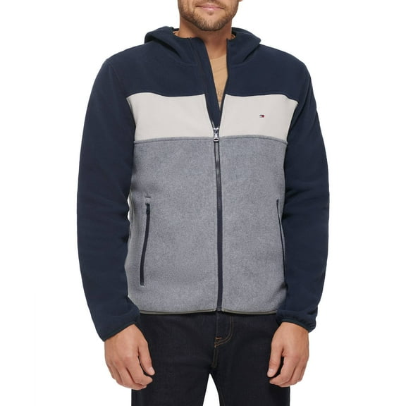 Men's Tommy Hilfiger Fleece Colorblock Hooded Jacket Color: Navy Gray Size: 3XL