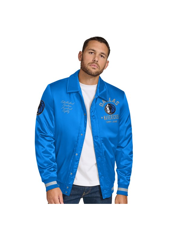 Men's Tommy Jeans Blue Dallas Mavericks Jacob Chain Stitch Applique Full-Snap Varsity Jacket