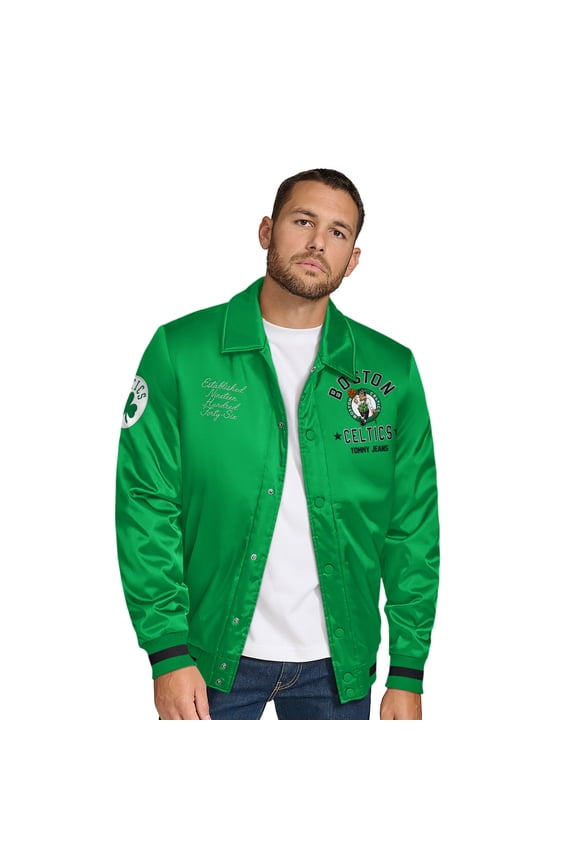 Men's Tommy Jeans Kelly Green Boston Celtics Jacob Chain Stitch Applique Full-Snap Varsity Jacket
