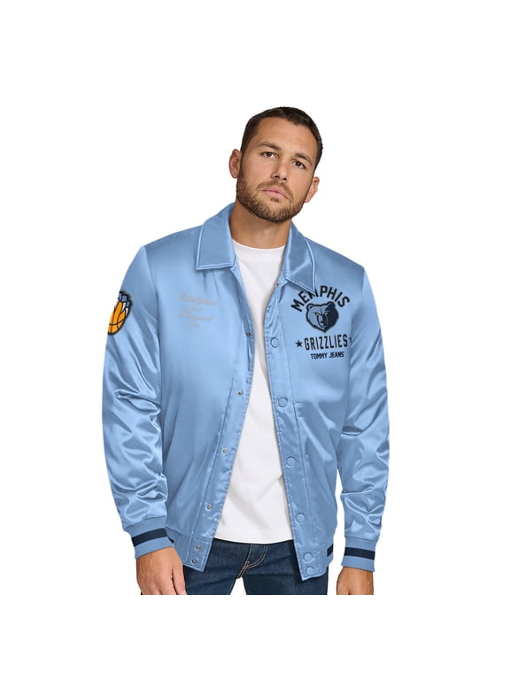 Men's Tommy Jeans Light Blue Memphis Grizzlies Jacob Chain Stitch Applique Full-Snap Varsity Jacket