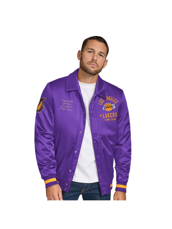 Men's Tommy Jeans Purple Los Angeles Lakers Jacob Chain Stitch Applique Full-Snap Varsity Jacket