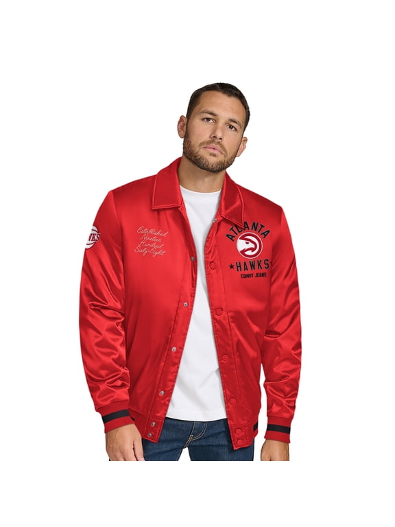 Men's Tommy Jeans Red Atlanta Hawks Jacob Chain Stitch Applique Full-Snap Varsity Jacket