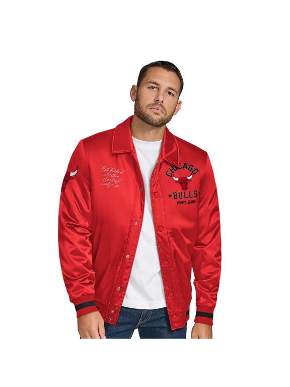 Men's Tommy Jeans Red Chicago Bulls Jacob Chain Stitch Applique Full-Snap Varsity Jacket