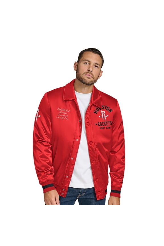 Men's Tommy Jeans Red Houston Rockets Jacob Chain Stitch Applique Full-Snap Varsity Jacket