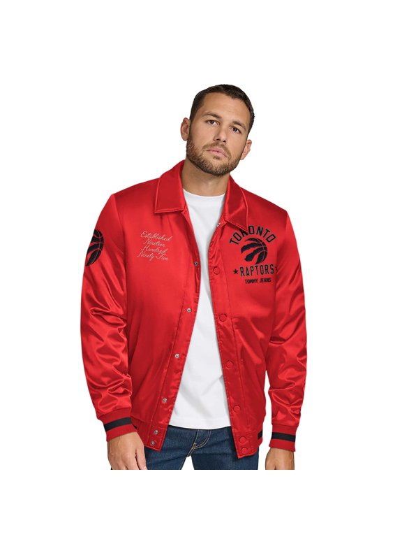 Men's Tommy Jeans Red Toronto Raptors Jacob Chain Stitch Applique Full-Snap Varsity Jacket