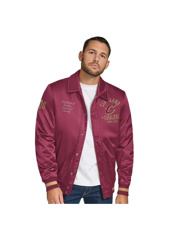Men's Tommy Jeans Wine Cleveland Cavaliers Jacob Chain Stitch Applique Full-Snap Varsity Jacket