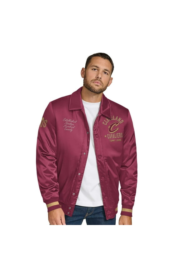 Men's Tommy Jeans Wine Cleveland Cavaliers Jacob Chain Stitch Applique Full-Snap Varsity Jacket