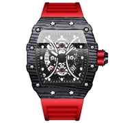 Mens Tonneau Skeleton Quartz Watch, Luminous Waterproof Silicone Strap Racing Style