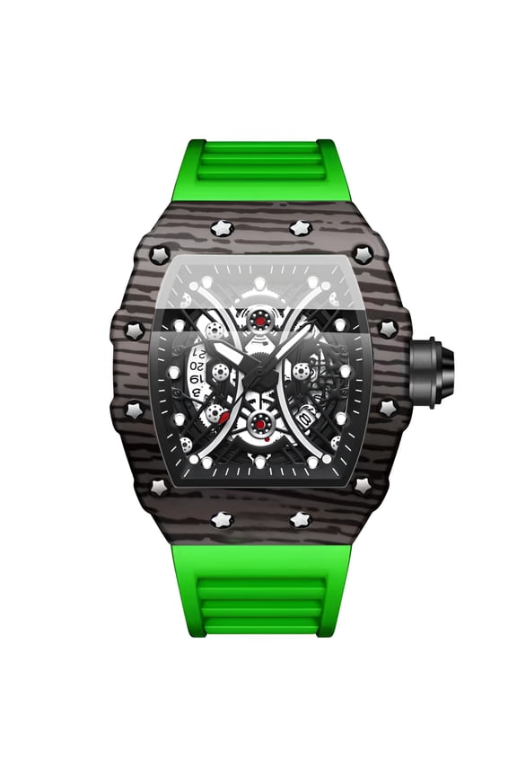 Men's Tonneau Skeleton Quartz Watch, Luminous Waterproof Silicone Strap Racing Style