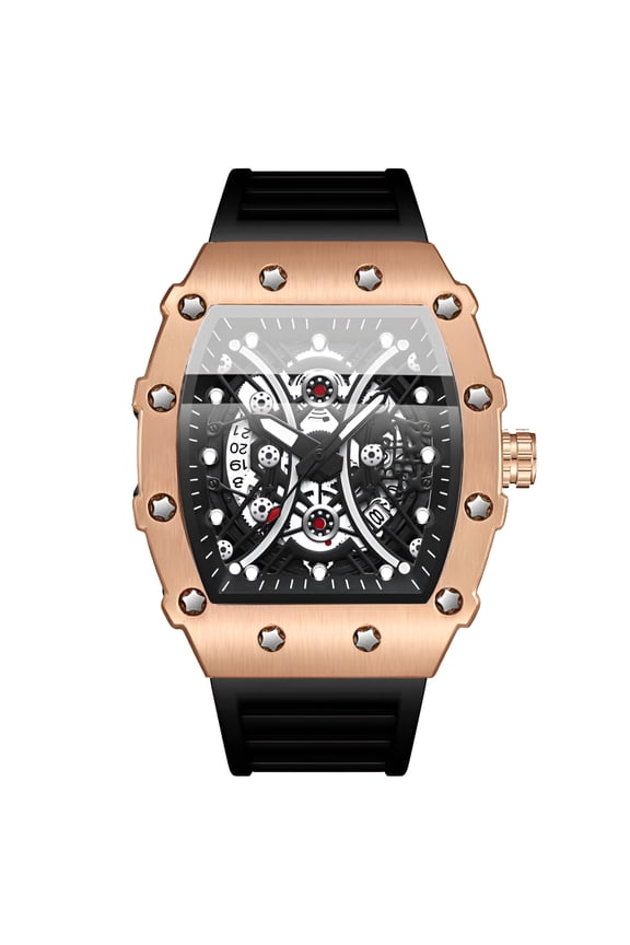 Men's Tonneau Skeleton Quartz Watch, Luminous Waterproof Silicone Strap Racing Style