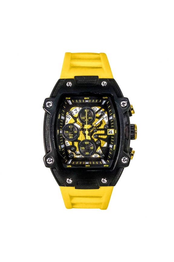 Men’s 41mm Skeleton Dial Watch – Tonneau Case with Date Display, Quartz Movement & Silicone Strap – Gift-Ready Timepiece - Black Yellow