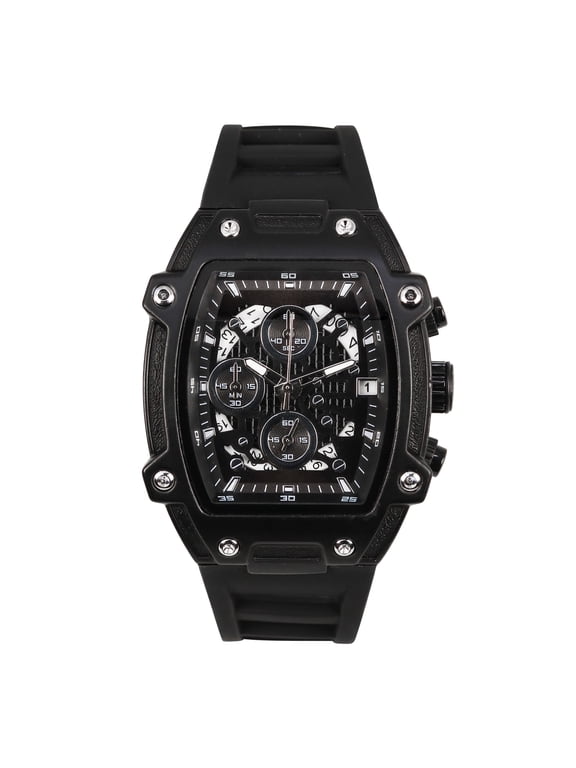 Men’s 41mm Skeleton Dial Watch – Tonneau Case with Date Display, Quartz Movement & Silicone Strap – Gift-Ready Timepiece - Black
