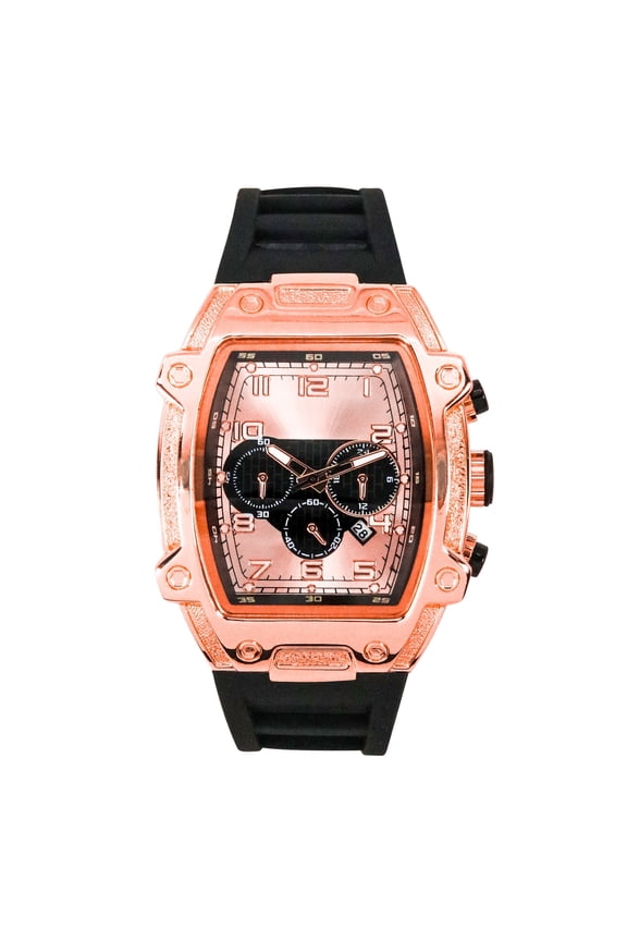 Men’s 42mm Tonneau Watch – Multi-Dial Face with Date Display, Silicone Strap & Quartz Movement – Gift-Ready Timepiece - Rose Black