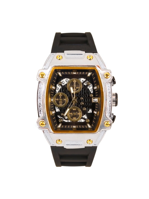 Men’s 41mm Skeleton Dial Watch – Tonneau Case with Date Display, Quartz Movement & Silicone Strap – Gift-Ready Timepiece - Silver Black