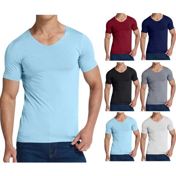 Men's Top Men's Solid Color V-Neck Short-Sleeved Pullover T-Shirt Fitness and Outdoor Seamless Stretch Tight Light Blue XL