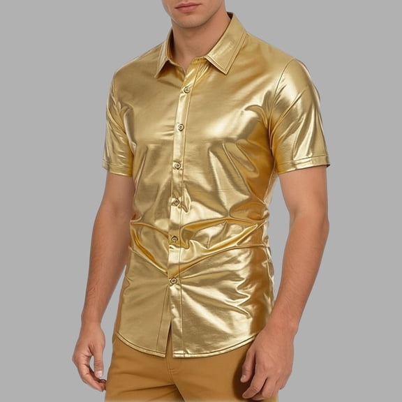 Men's Top Summer Fashion Striped Flannel Collar Beach Button Up Shirt Gold S