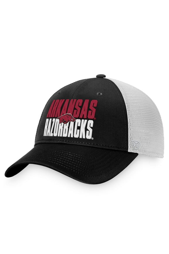 Men's Top of the World Black/White Arkansas Razorbacks Stockpile Trucker Snapback Hat