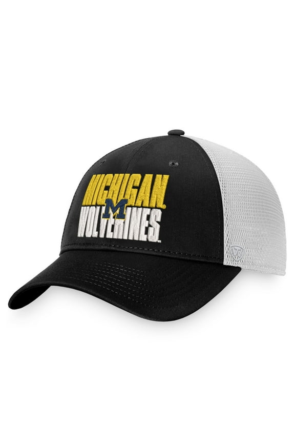Men's Top of the World Black/White Michigan Wolverines Stockpile Trucker Snapback Hat