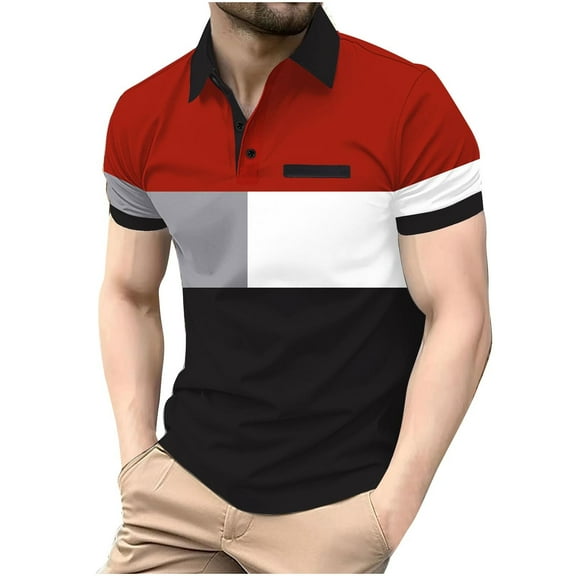 Men's Tops Fashion Casual Splicing Short Sleeve Turndown Collar Blouse Family Gifts Red, 2XL