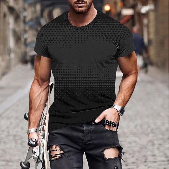 Men's Tops Round Neck Short Sleeve Print Casual T-shirt Black 2XL