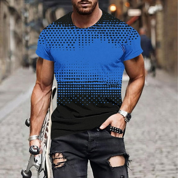 Men's Tops Round Neck Short Sleeve Print Casual T-shirt Blue 2XL