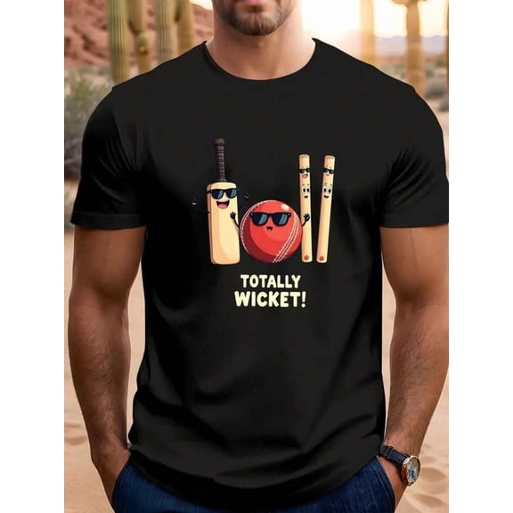 Men's "Totally Wicket" Graphic T-Shirt, Summer Fun Cricket Design Short Sleeve, Casual Round Neck Back To School Halloween Vintage Shirts Graphic Tees Men Camisas Para Hombre Funny Shirts Printed & S