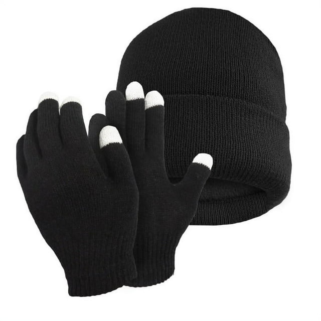 Men's Touch Texting Screen Gloves and Fleece Lined Hat Combo Gift Set (Cuff Hat)