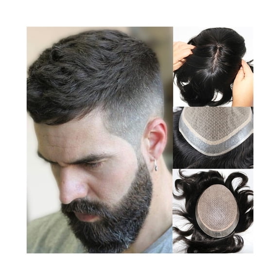 Men's Toupee, Indian Human Hair, Silk Base with PU Skin Around, Natural Looking