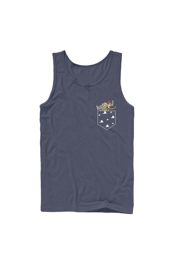 Men's Toy Story Buzz & Woody Cloud Pocket Print Tank Top Navy Blue Large