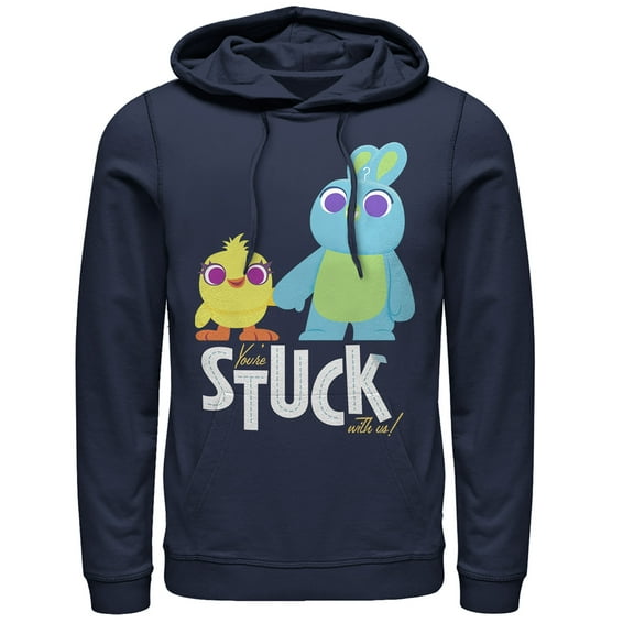 Men's Toy Story Ducky & Bunny Stuck With Us Pull Over Hoodie Navy Blue Medium