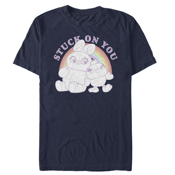 Men's Toy Story Ducky & Bunny Stuck on You Rainbow Graphic Tee Navy Blue Small