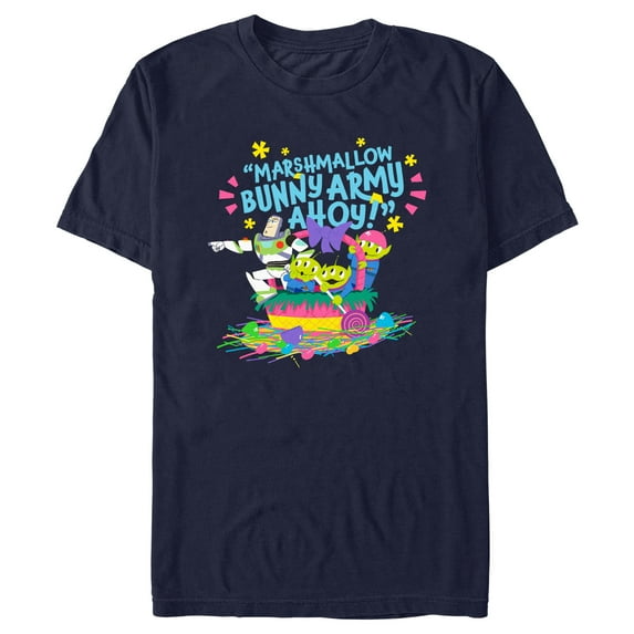 Men's Toy Story Easter Buzz Lightyear and Aliens Marshmallow Bunny Army Ahoy Graphic Tee Navy Blue 2X Large