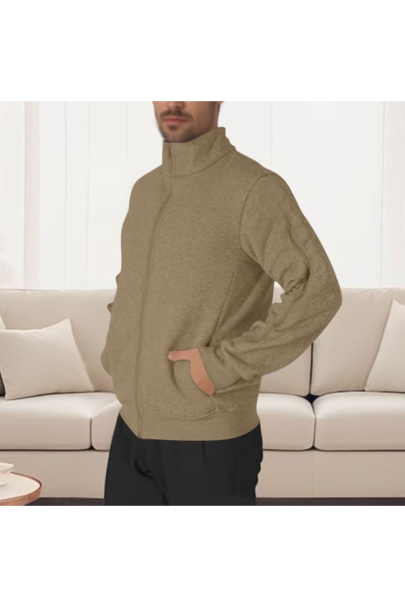 Men's Track Jackets Full-Zip Casual Sweatshirt Double Zip Coat Workout Running Athletic Active Jacket with Pockets Zipper Arm Khaki S