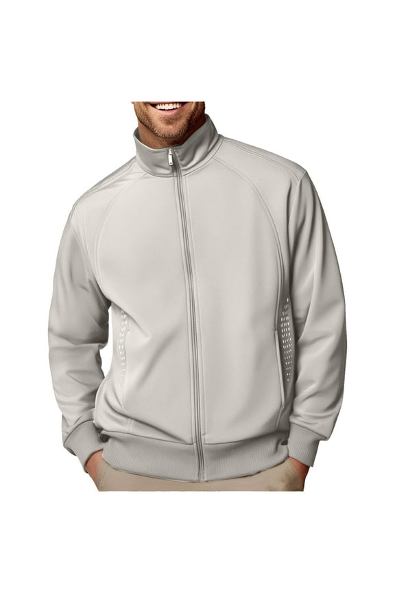 Men's Track Jackets Sweatshirt, Mock Neck Stand Collar Zip up Running Athletic Workout Cardigan Sweatshirts Coats with Pockets Beige M