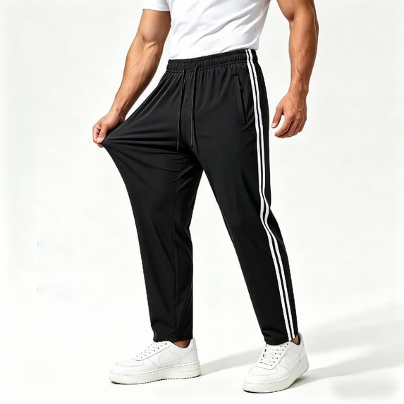 Men's Track Pants Joggers Athletic Drawstring Waist Elastic Quick Dry Running Gym Workout Trousers Striped Side Stripe Tapered Trousers Black L