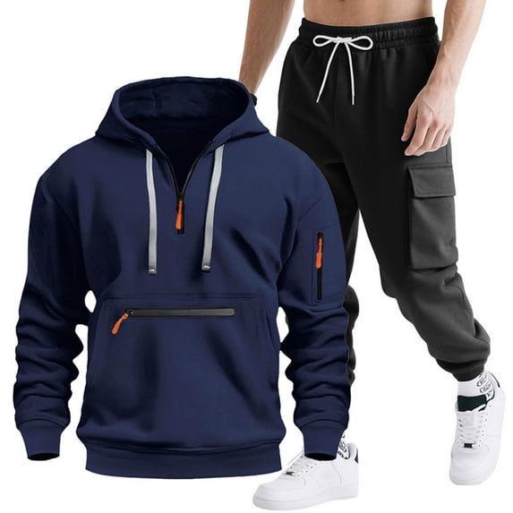 Men's Track Suits 2 Piece Outfits Solid Half Zip Hooded Shirt and Cargo Pants Set Long Sleeve Casual Two Piece Tracksuit Matching Sets Fall Winter Clothing