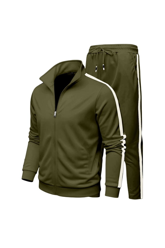 Men's Tracksuit 2 Piece Hooded Jacket & Long Pants Sets Athletic Suits Army Green L