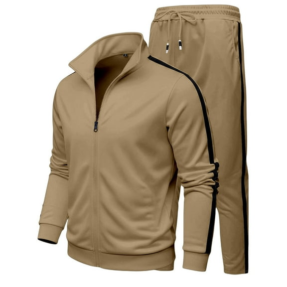 Men's Tracksuit 2 Piece Hooded Jacket & Long Pants Sets Athletic Suits Khaki XXXL