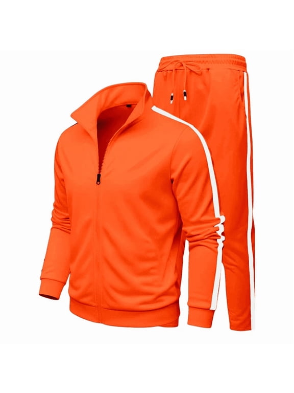 Men's Tracksuit 2 Piece Hooded Jacket & Long Pants Sets Athletic Suits Orange XL