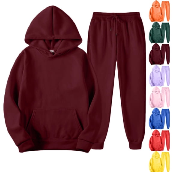 Men's Tracksuit 2 Piece Long Sleeve Hoodie and Sweatpants Set Solid Athletic Sweatsuits Casual Jogging Suit Sets Wine L