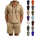 thumbnail image 1 of Men's Tracksuit 2 Piece Quarter Zipper Hooded Sweatshirt Multi Zipper Pocket Athletic Sweatsuit Short Sleeve Casual Sports Hoodie Shorts Set Sweatsuit Size 3XL Khaki, 1 of 5