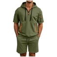 thumbnail image 1 of Men's Tracksuit 2 Piece Quarter Zipper Hooded Sweatshirt Multi Zipper Pocket Athletic Sweatsuit Short Sleeve Casual Sports Hoodie Shorts Set Sweatsuit Size 3XL Army Green, 1 of 5