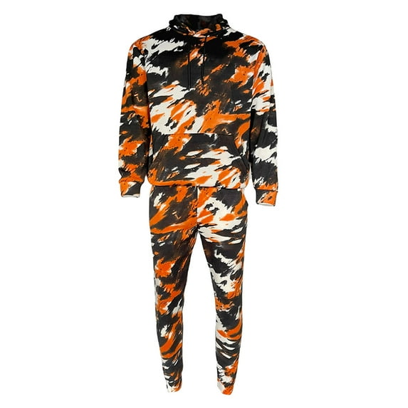 Men's Tracksuit Set Tie-Dye Style Two Piece Jogger Pants and Hoodie Outwear Set, Black Orange, S